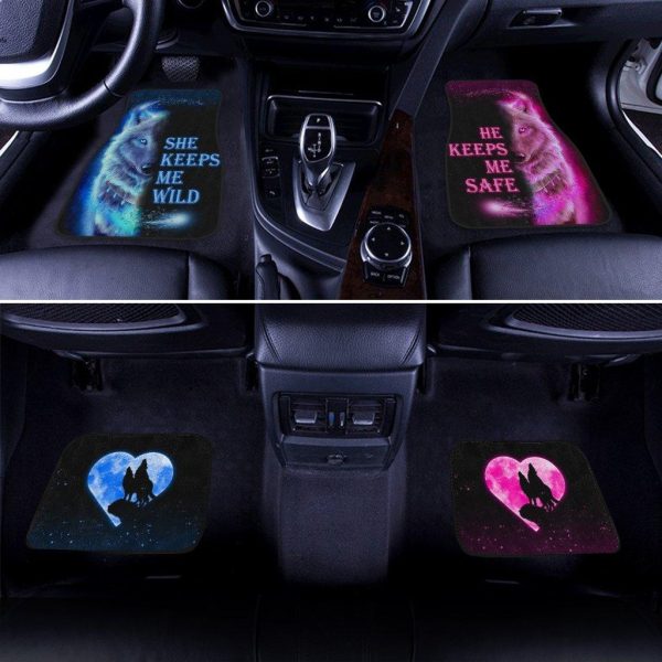 Blue & Pink Wolf Car Floor Mats She Keeps Me Wild He Keeps Me Safe
