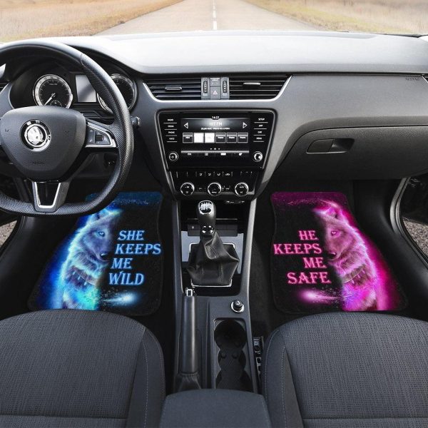 Blue & Pink Wolf Car Floor Mats She Keeps Me Wild He Keeps Me Safe