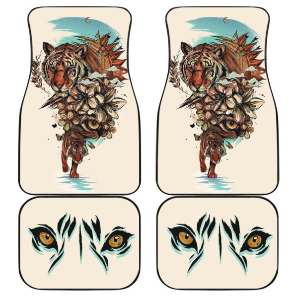 Flower x White Tiger Car Floor Mats Custom Tiger Car Accessories