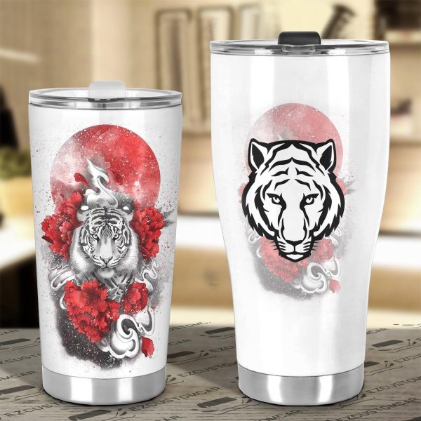 flower x white tiger car tumbler cup custom tiger car accessories 0ryfi