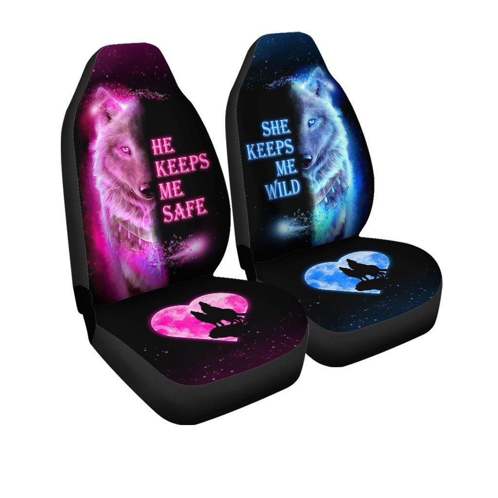 Blue & Pink Wolf Car Seat Covers Couple Gift Idea