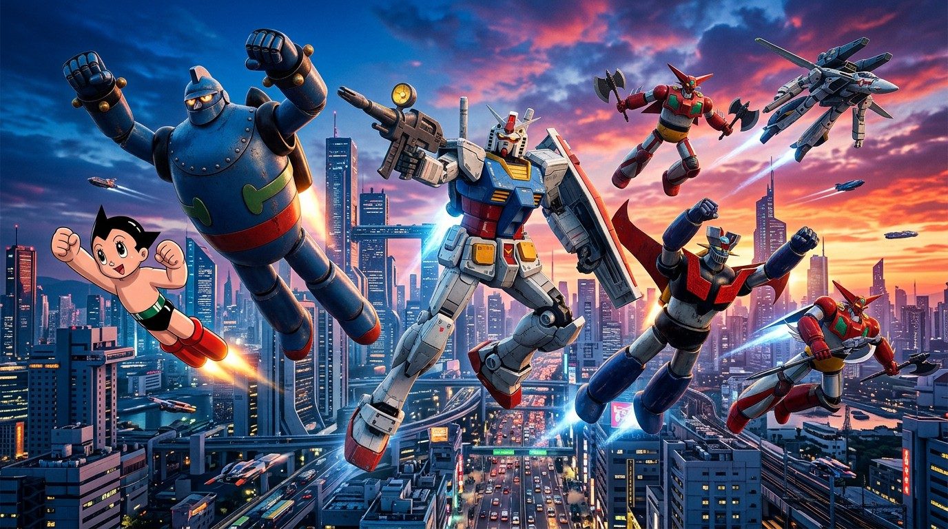 Collage featuring key mecha anime robots from Astro Boy to Gundam with a futuristic background