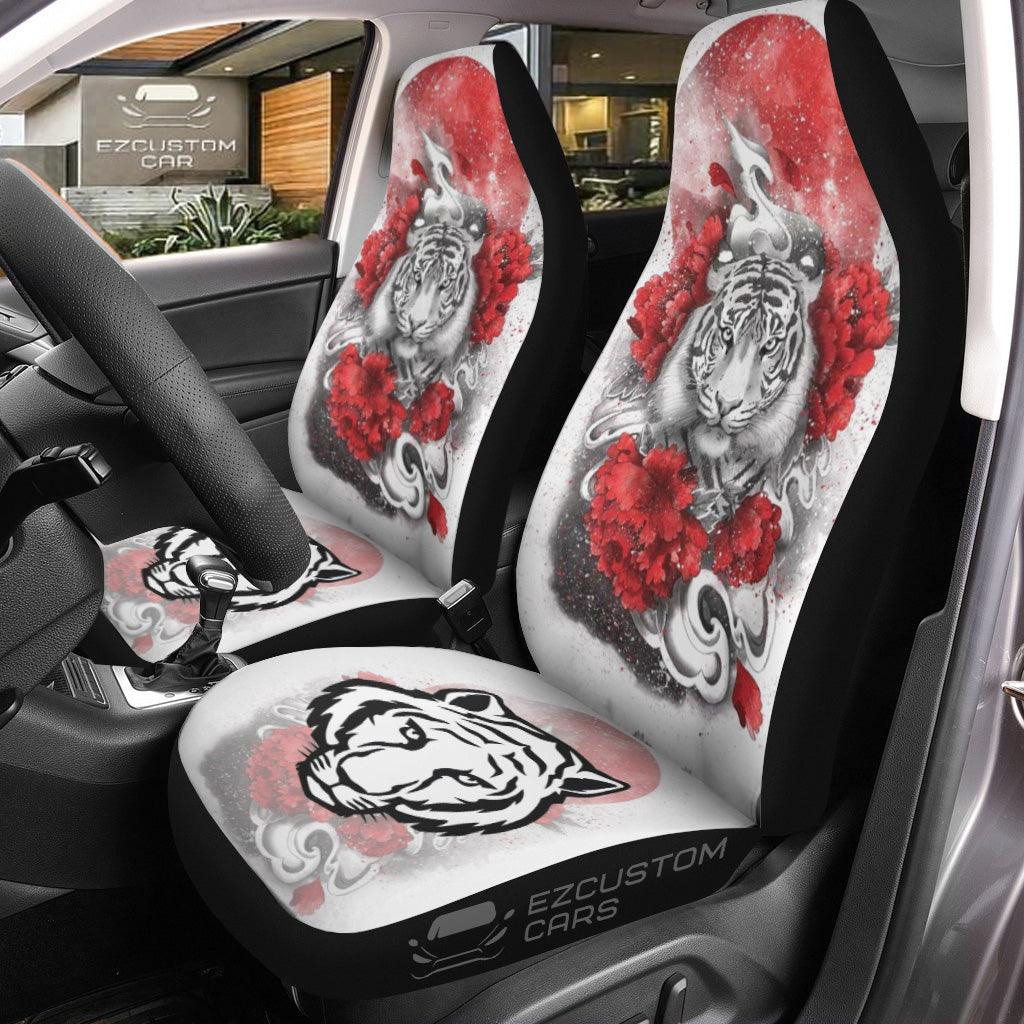 Flower x White Tiger Car Seat Covers Custom Tiger Car Accessories