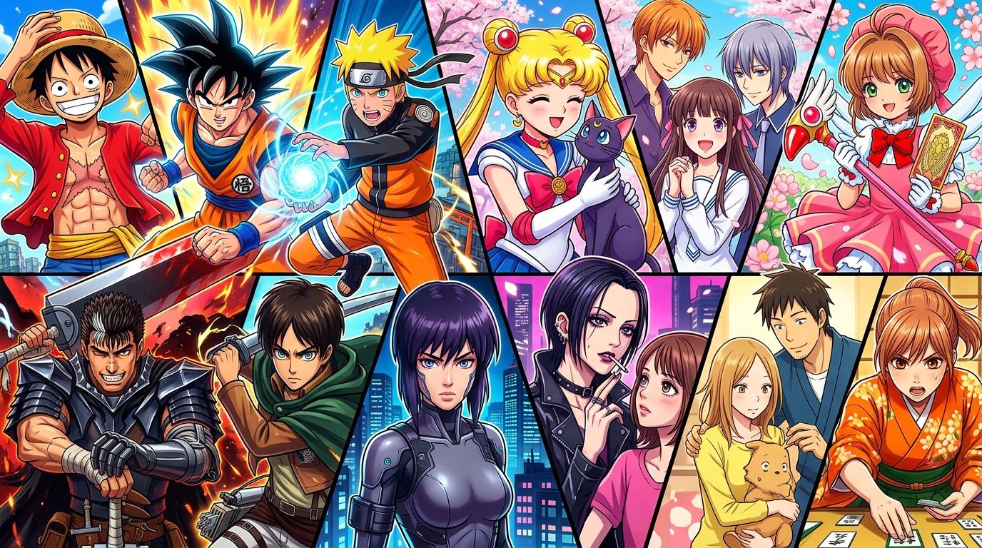 Collage of iconic anime characters from shonen, shojo, seinen, and josei genres