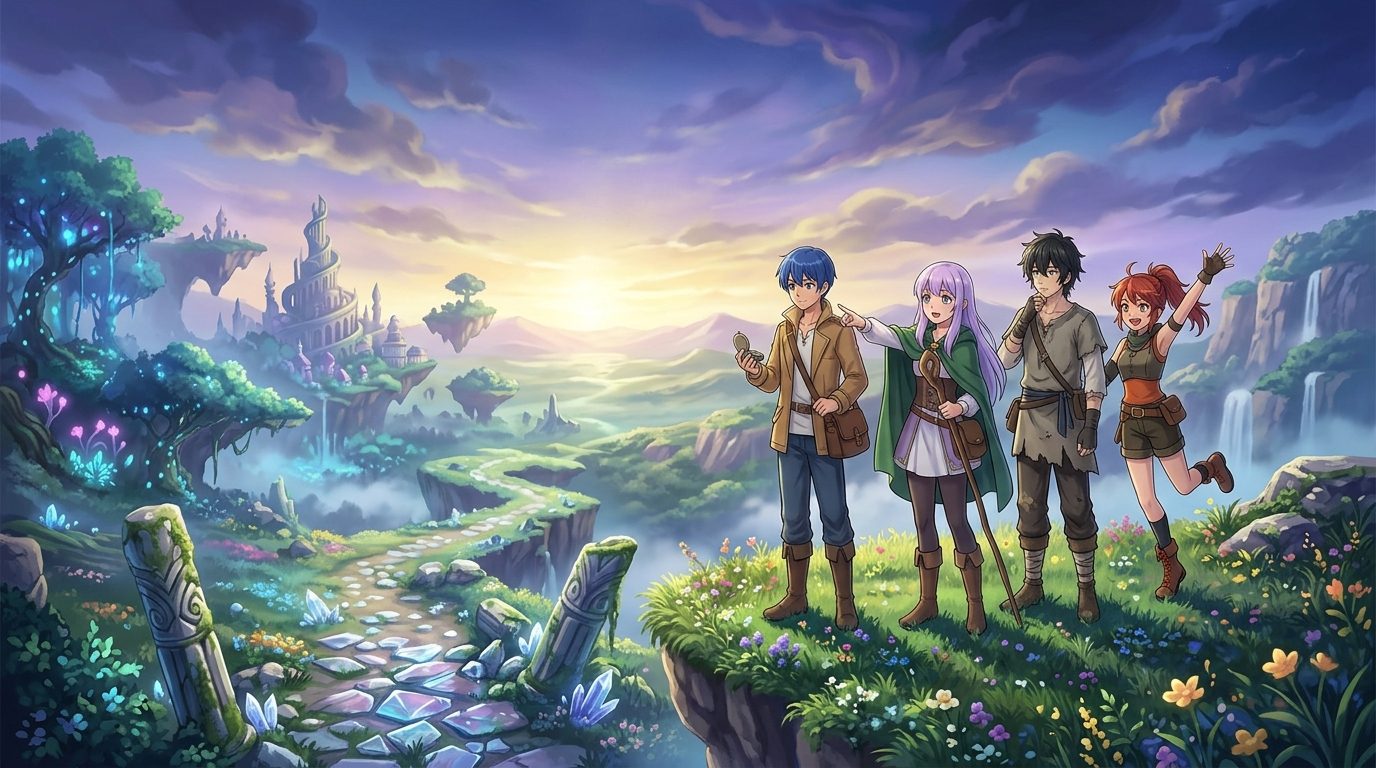 Illustration of main characters from various underrated anime series in a fantasy landscape, representing hidden gems in anime.
