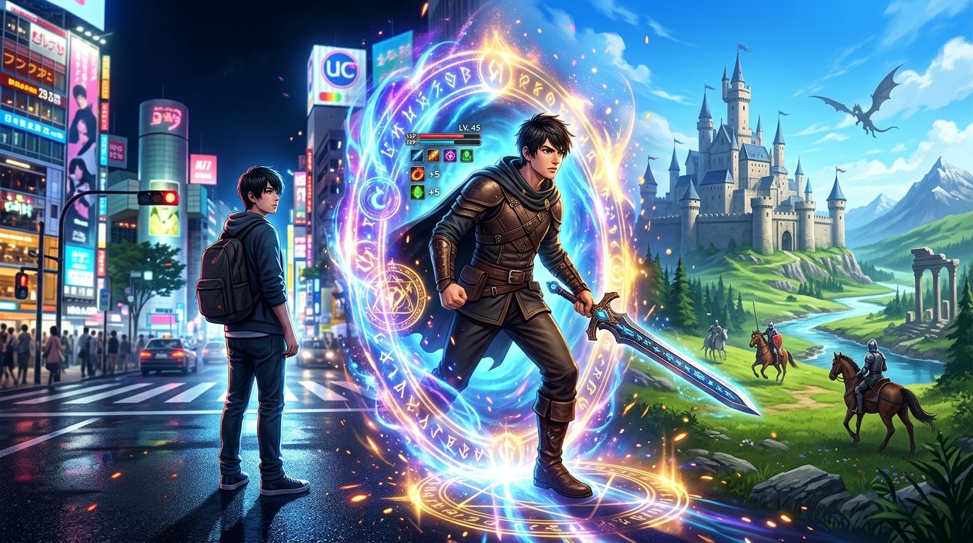 Collage illustrating isekai anime trend with modern and fantasy world merge