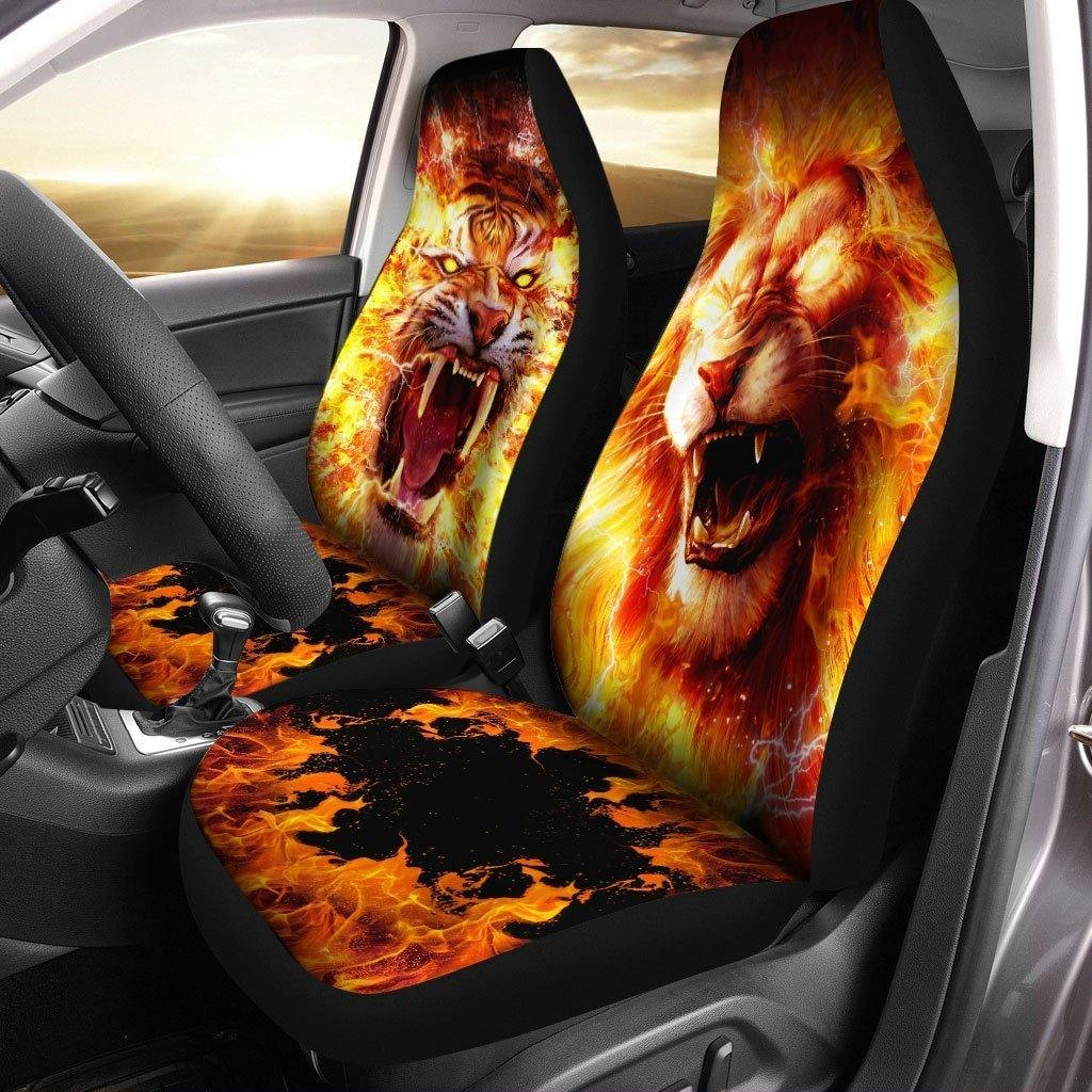 Lion And Tiger Flaming Fire Car Seat Covers