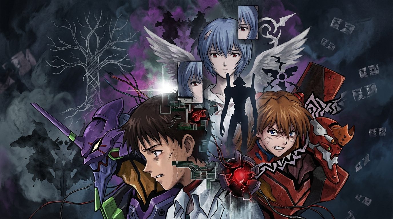 Abstract collage representing the psychological themes of Neon Genesis Evangelion with main characters and mecha elements