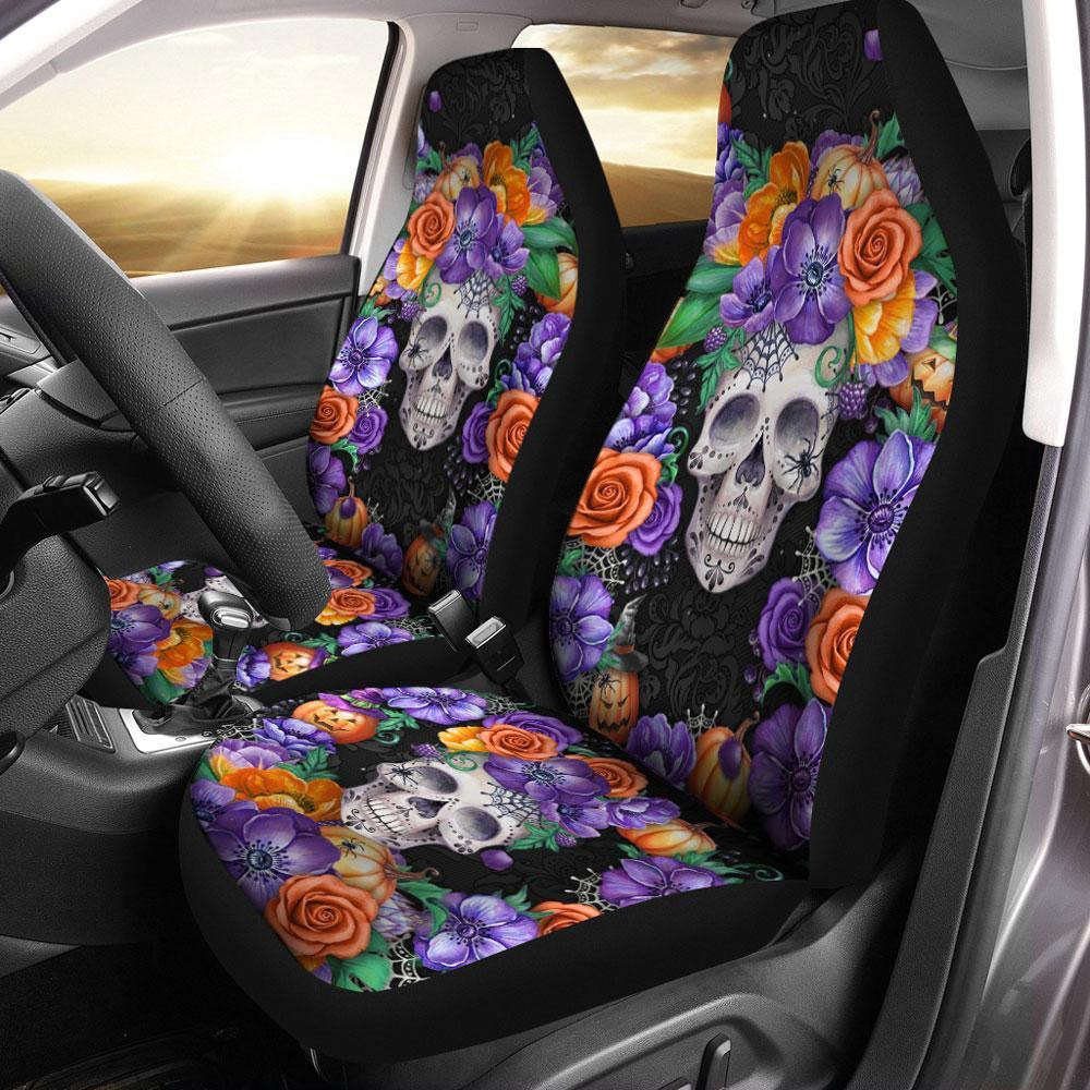 Skull Flower Emerald Green Car Seat Covers Set Of 2