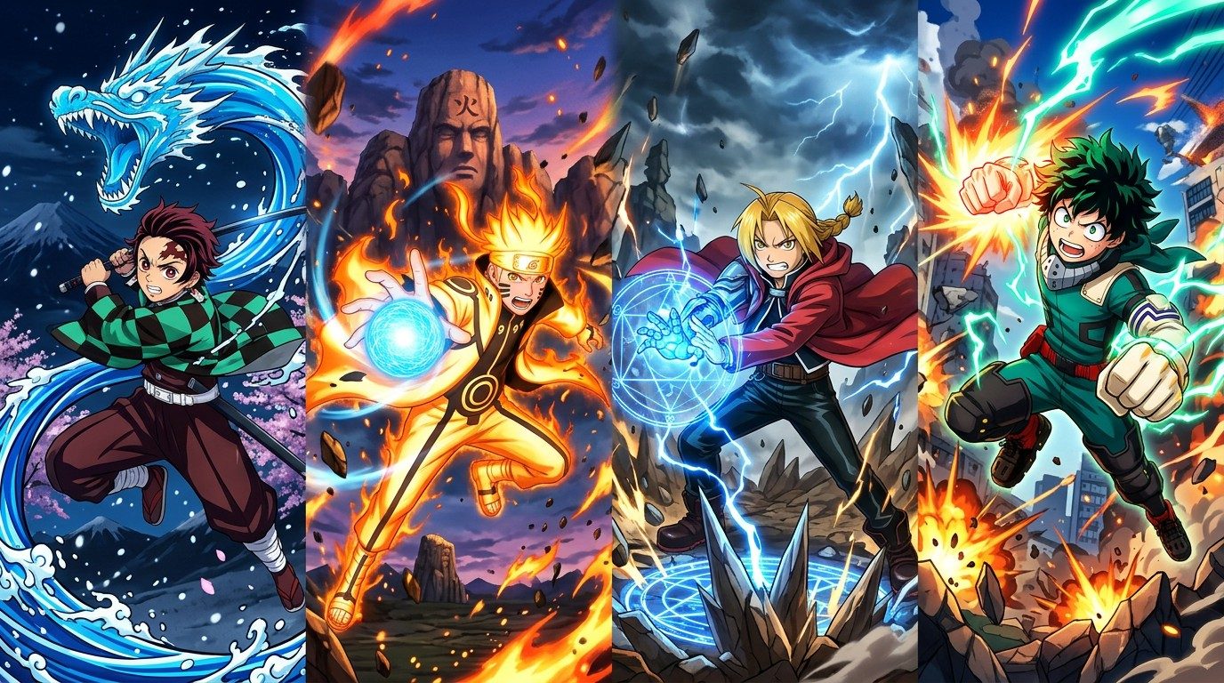 Collage of iconic characters from popular shonen anime series