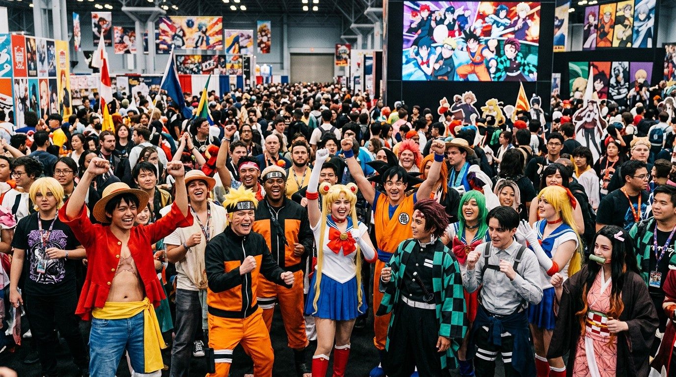 Collage of popular anime characters, streaming logos, and fans representing anime's global popularity