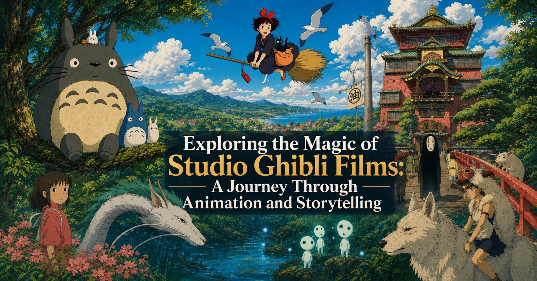 Collage of iconic Studio Ghibli elements including Totoro, flying scenes, and magical creatures symbolizing the magic of the films