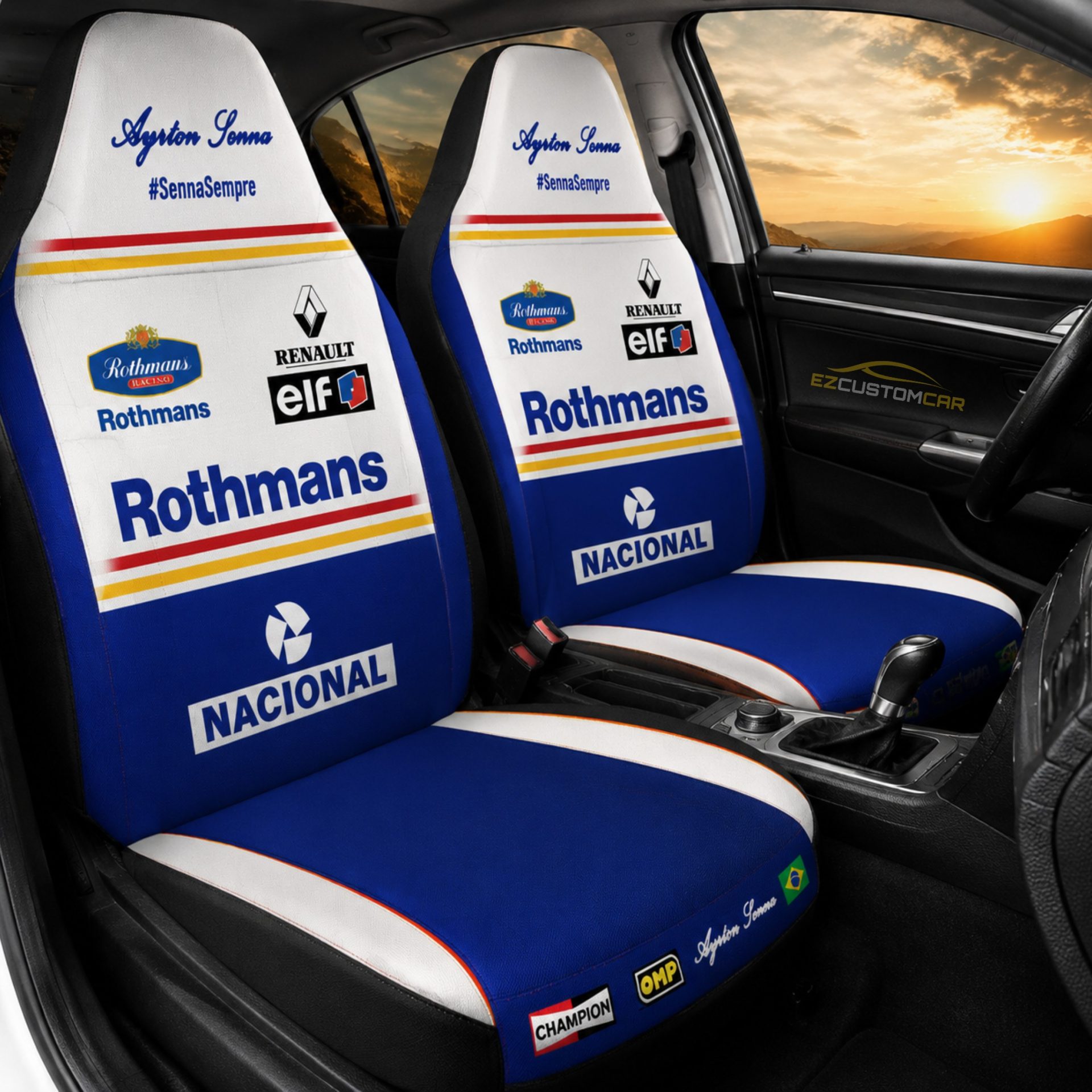 Custom fit car seat covers installed on vehicle seats - EzCustomCar racing design