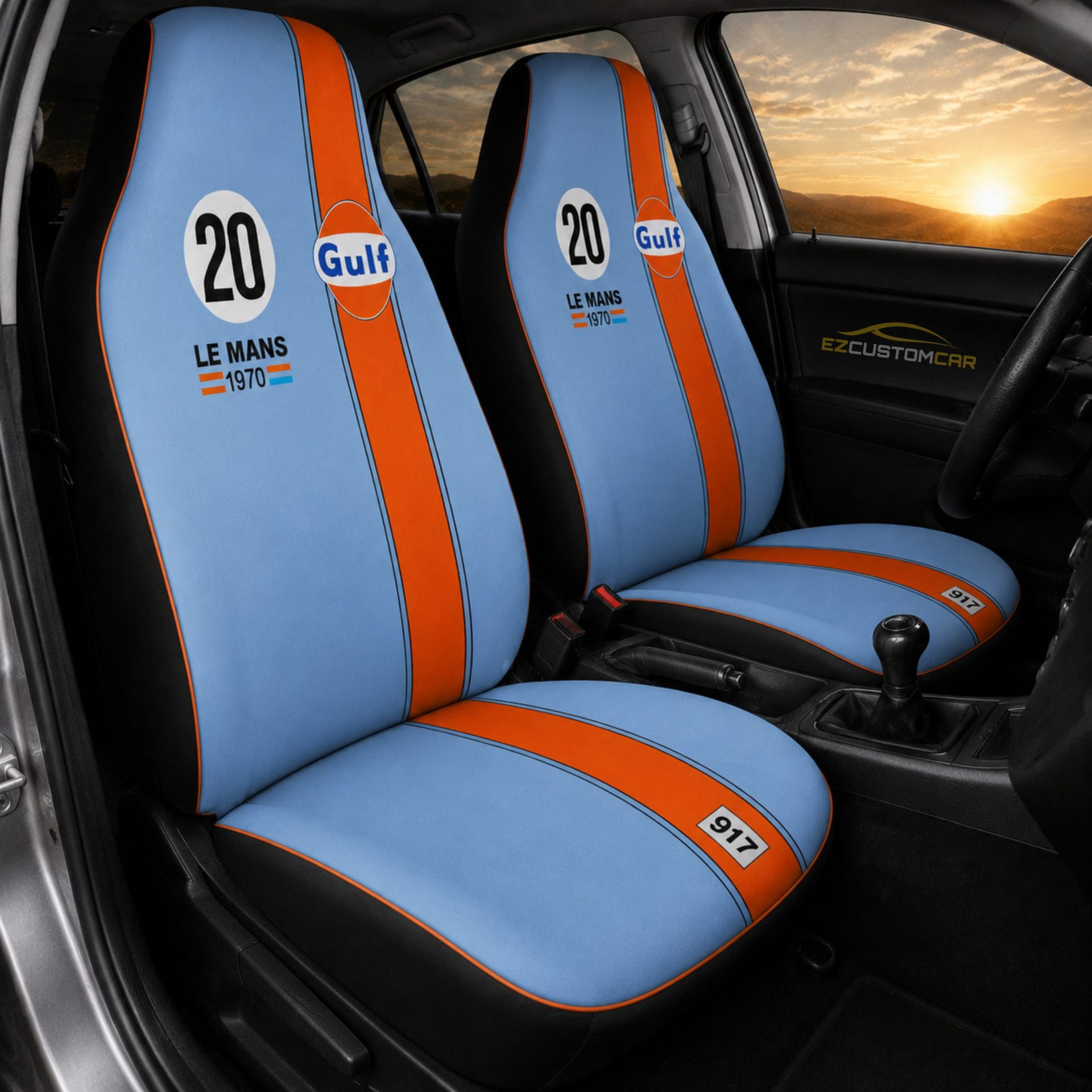 Pair of Gulf Le Mans seat covers, powder blue with marigold stripe and number 20