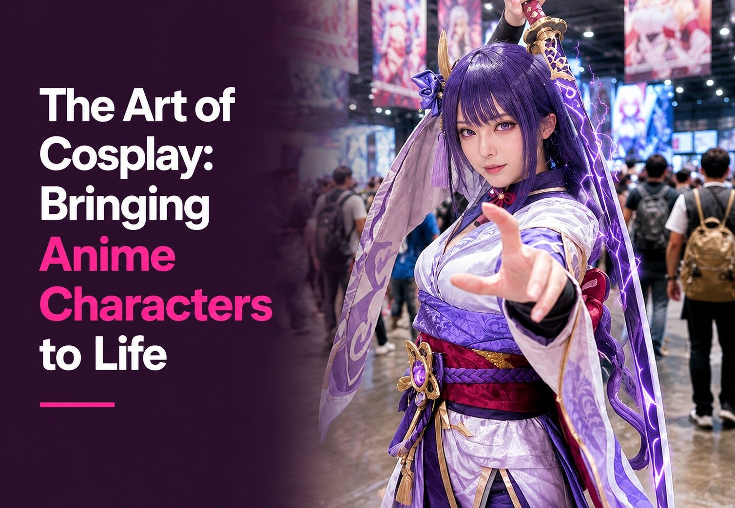 Anime cosplayer in costume posing at a crowded convention