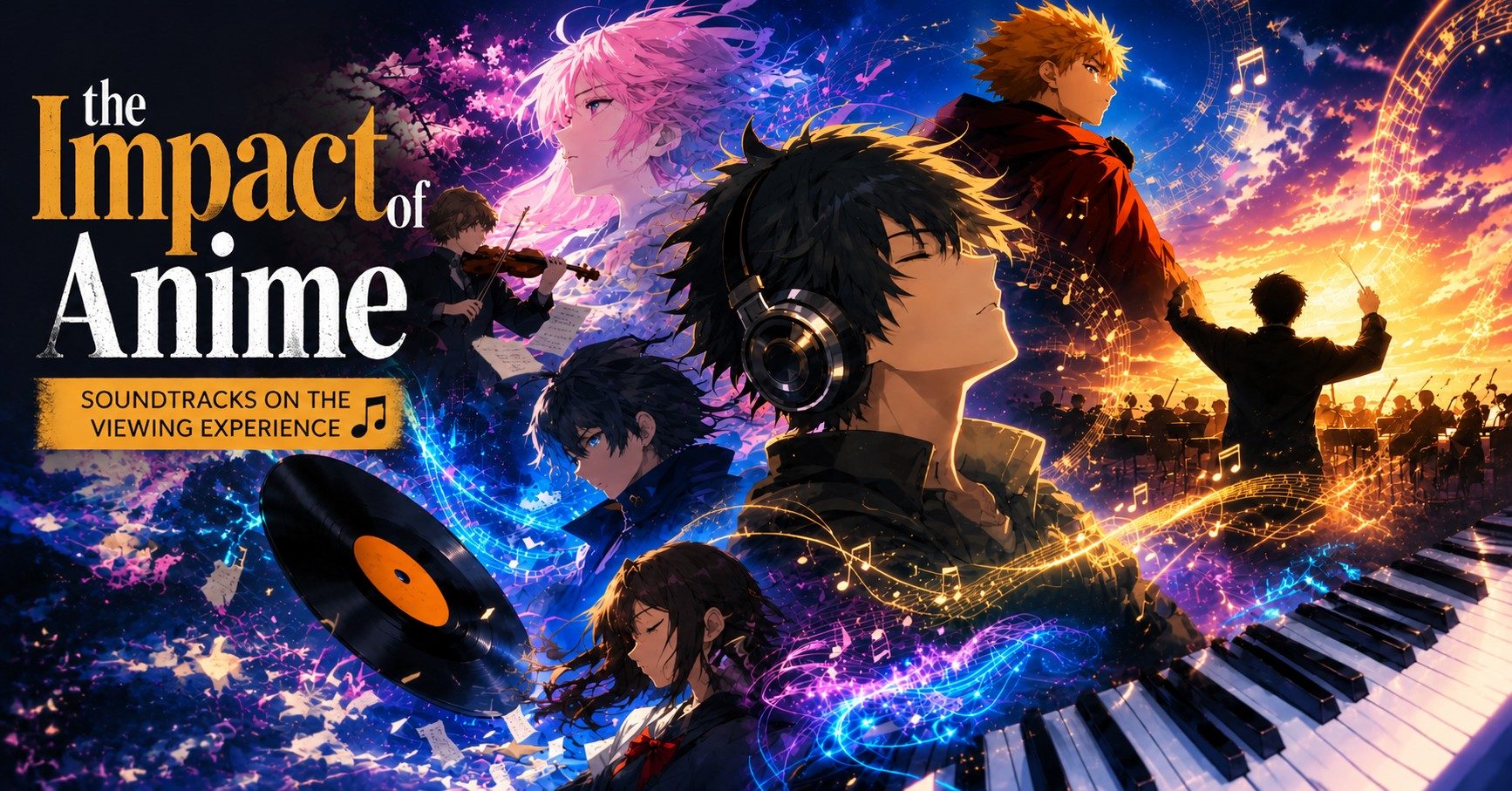 Anime characters surrounded by music notes symbolizing powerful anime soundtracks